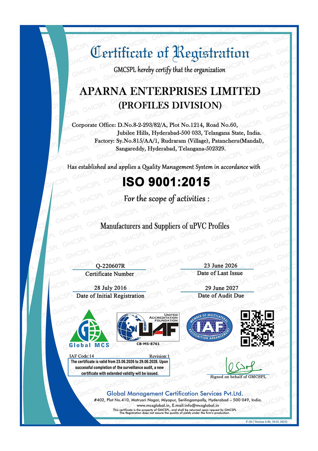 ISO 9001:2015 certificate for Aparna Enterprises Limited