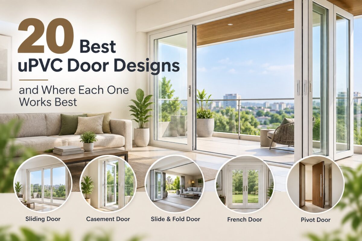 Modern uPVC door designs for different areas of the home, including entrance, balcony, bedroom and patio spaces