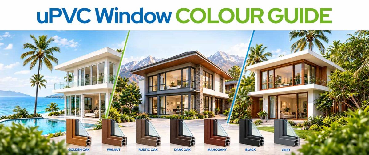 uPVC window colour guide showing popular regional shades including white, grey, and anthracite finishes