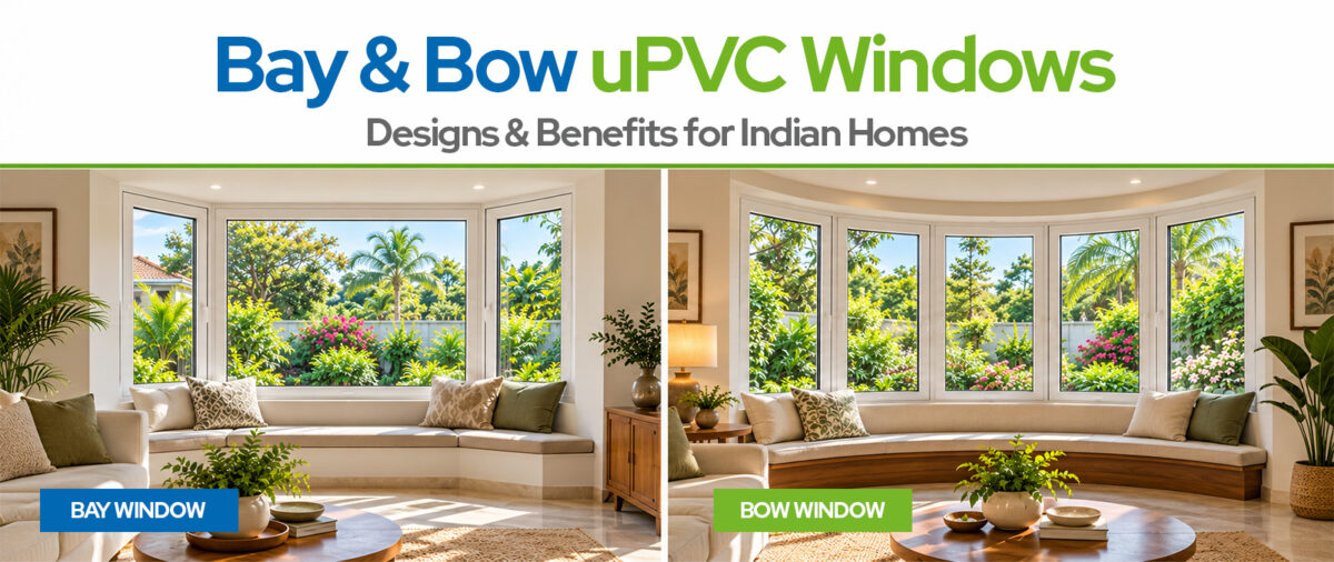 Bay and bow uPVC windows side by side in an Indian living room with a garden view