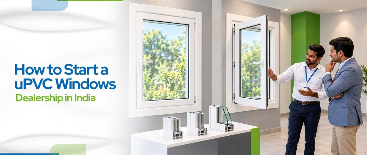 Dealer showing uPVC window samples to a customer in a small showroom